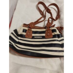 Stone Mountain Satchel Purse Striped‎ Handbag Braided Handles Cognac Trim
